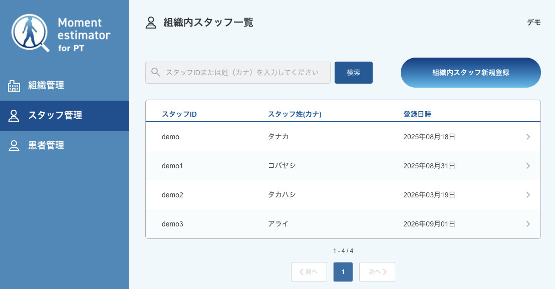 組織管理アプリの組織内スタッフ一覧。スタッフIDと氏名、登録日時が並ぶ