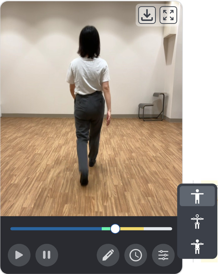 計測結果画面の動画プレイヤー。表示切替ボタンを押すと3つの表示から選べる